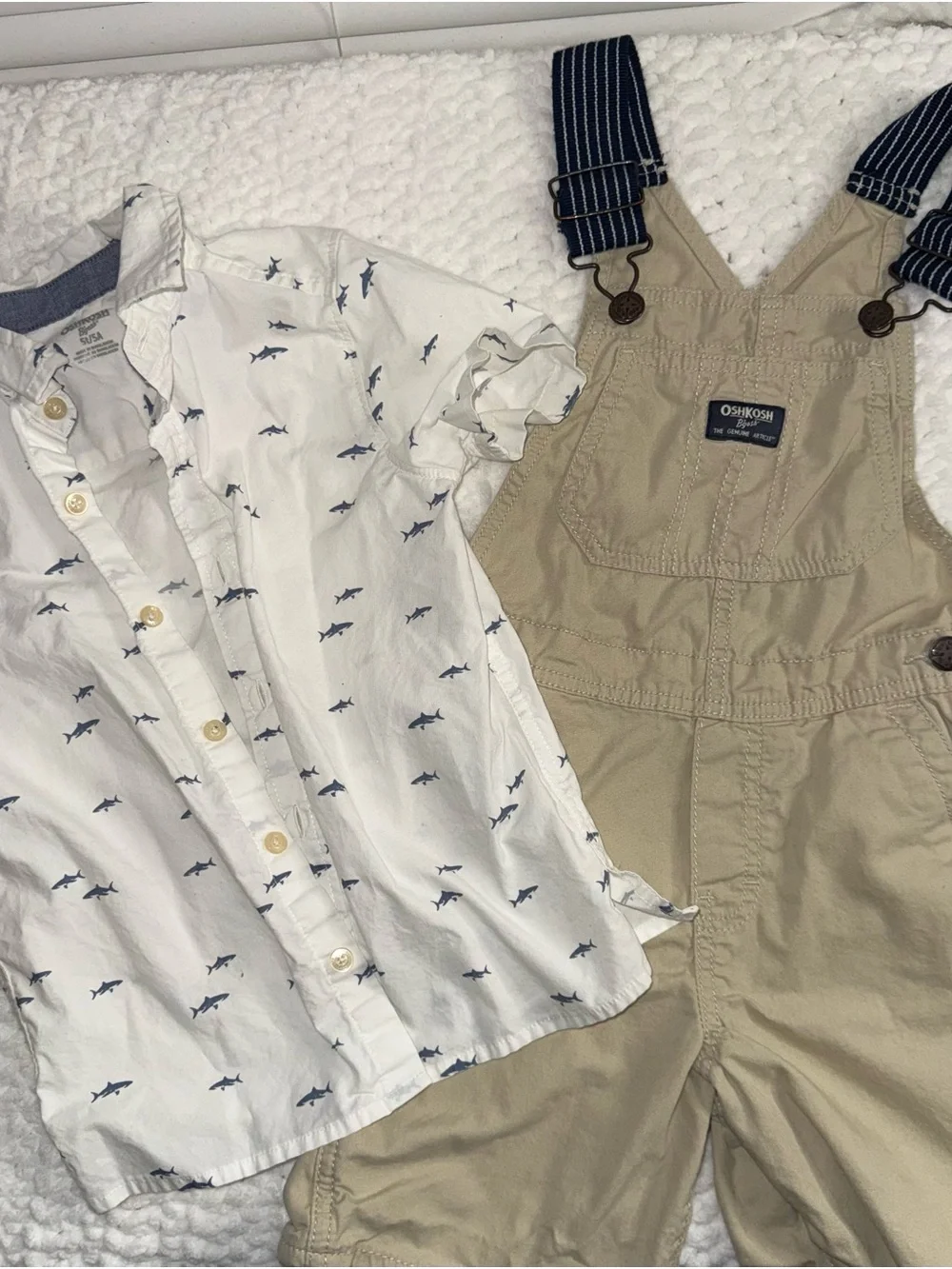 OshKosh Khaki Overalls with White Shark Print Shirt - Boys